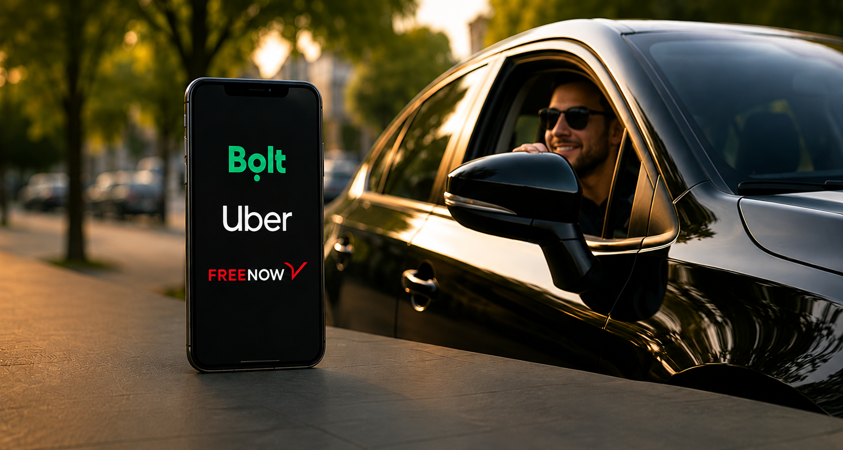 Kierowca we własnym samochodzie korzystający z aplikacji Bolt, Uber i Free Now